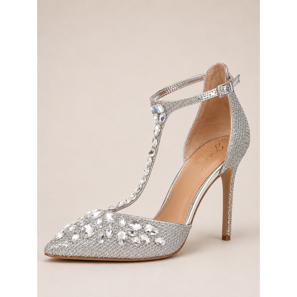 Jewel Badgley Mischka Conroy Silver Crystal Embellished T-Strap Pumps Size 9